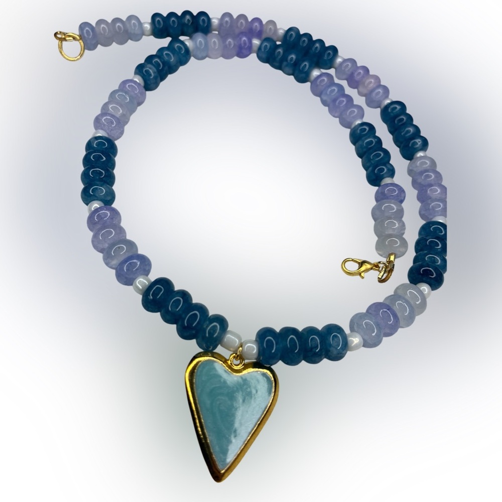 Blue Beaded 24K Gold Plated Heart Necklace